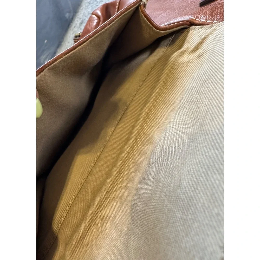 Roots Leather Backpack Cognac Brown Brass Hardware White Stitch Medium
